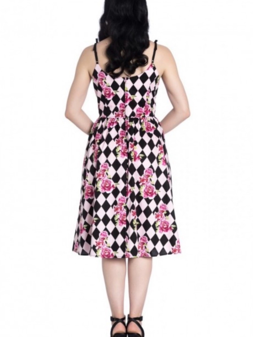 Hell Bunny Harlequin Floral Retro Dress with Pink Roses - Picture 2 of 9